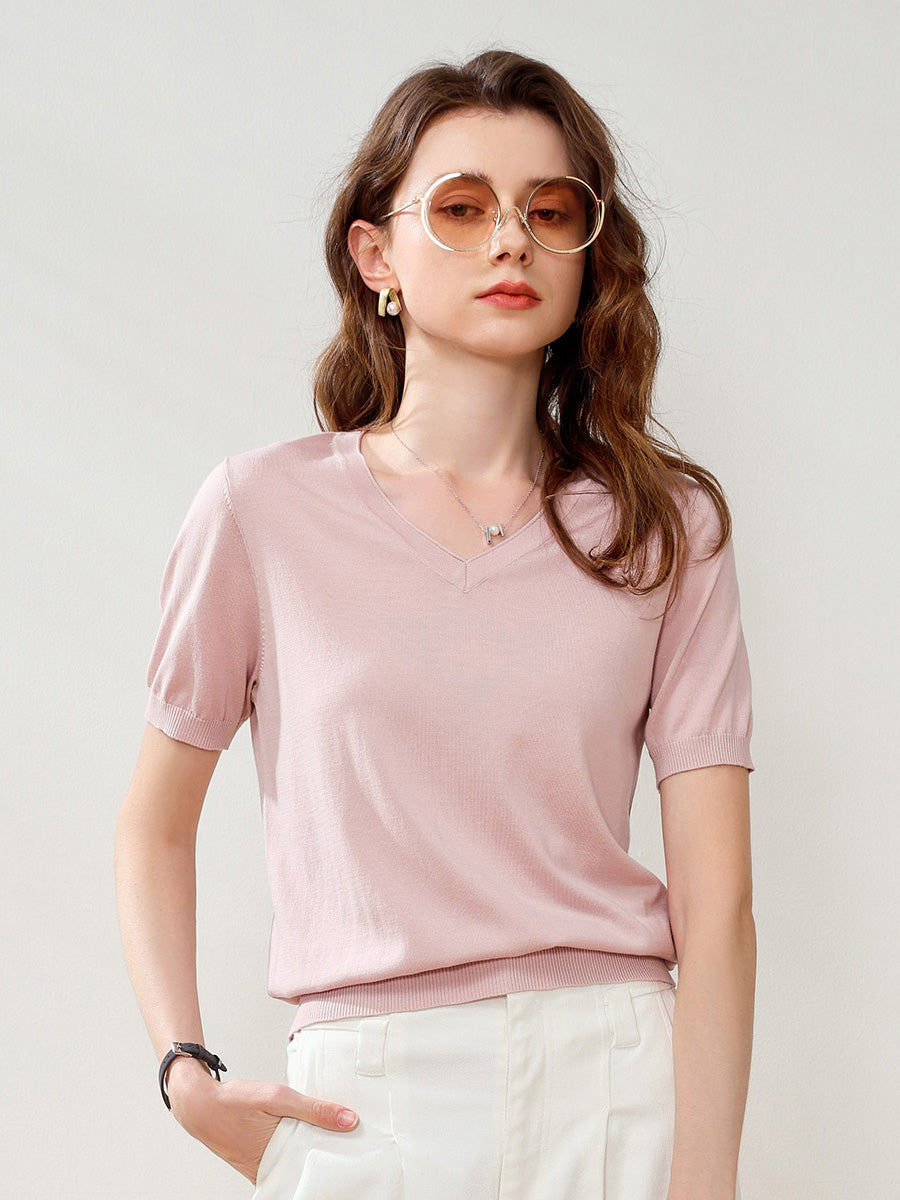 COMOBOCA Women's V-Neck Knit T-Shirt