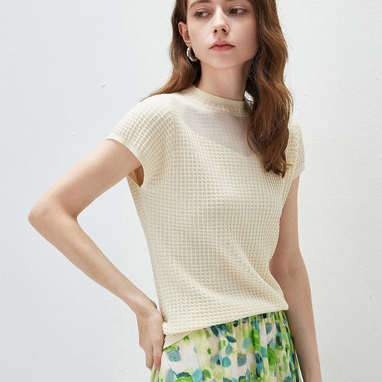 COMOBOCA Women's Waffle Knit Cap Sleeve T-Shirt with Sheer Yoke