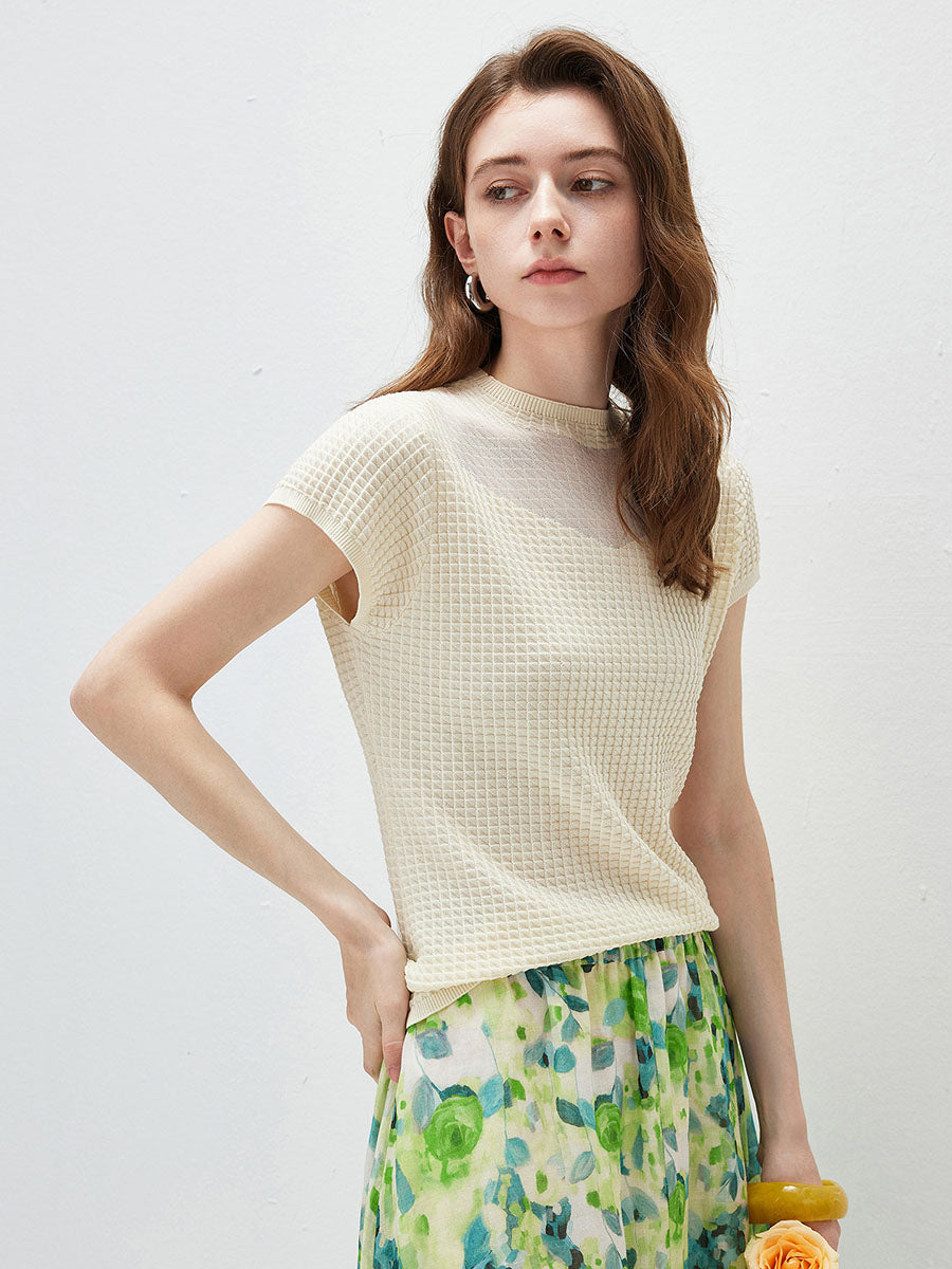 COMOBOCA Women's Waffle Knit Cap Sleeve T-Shirt with Sheer Yoke