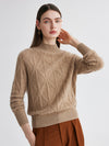 COMOBOCA Camel 100% Cashmere Women's Cable Knit Mock Neck Sweater
