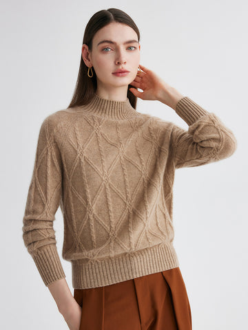 COMOBOCA Camel 100% Cashmere Women's Cable Knit Mock Neck Sweater