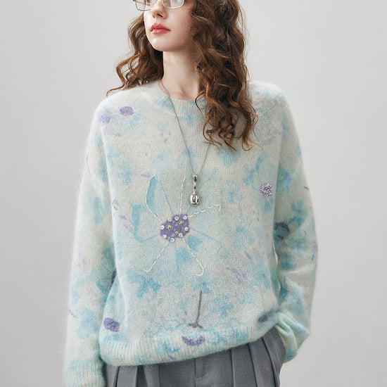 COMOBOCA Women's Floral Printed Round Neck Sweater