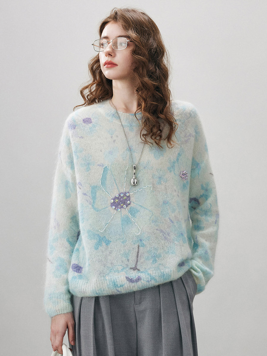 COMOBOCA Women's Floral Printed Round Neck Sweater