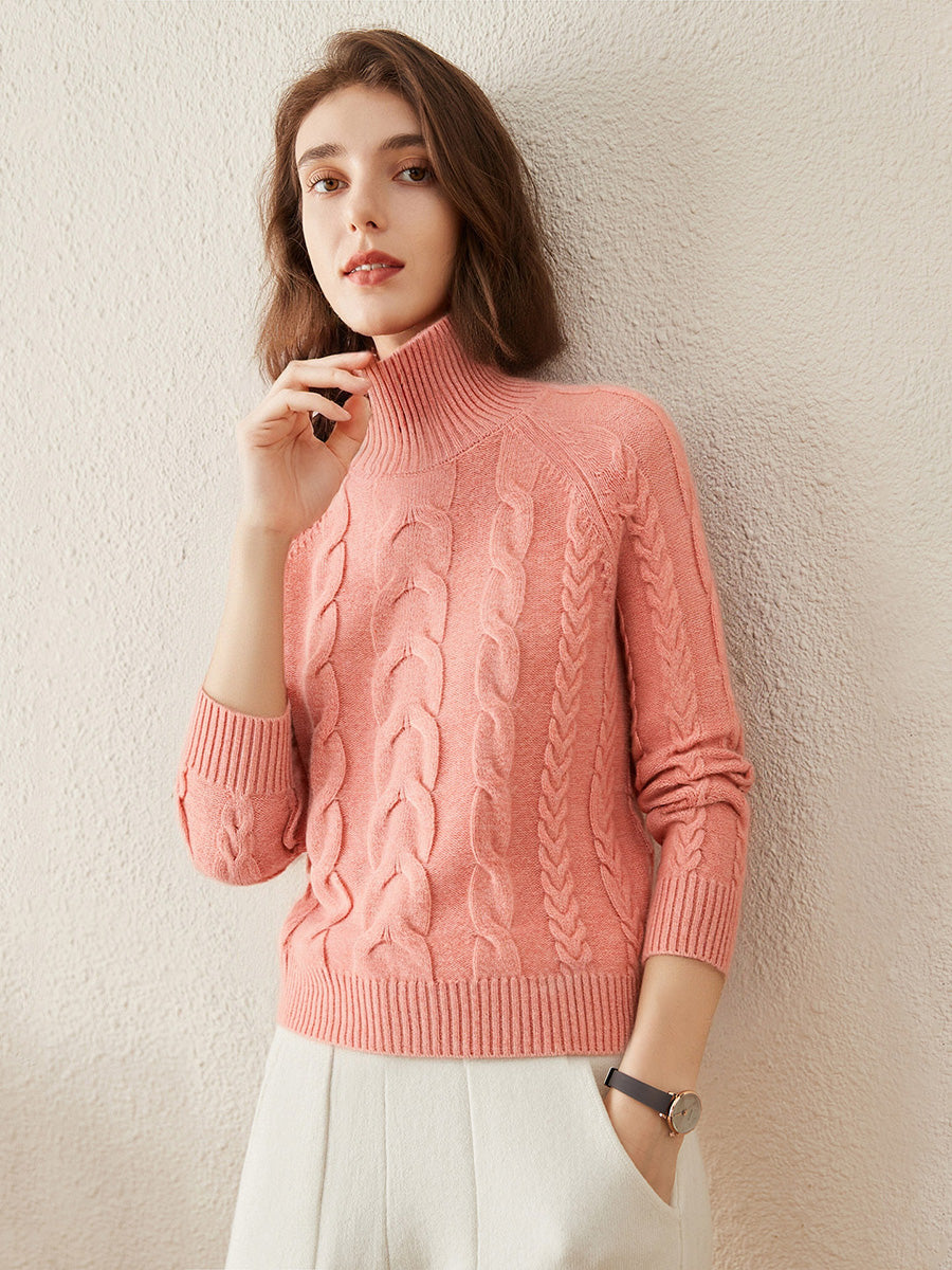 COMOBOCA 100% Cashmere Women's Turtleneck Cable Knit Sweater