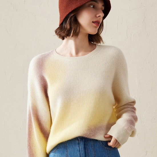 COMOBOCA Yellow 100% Cashmere Women's Gradient Color Knit Sweater