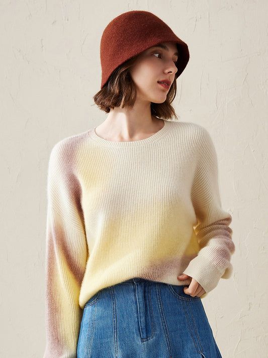 COMOBOCA Yellow 100% Cashmere Women's Gradient Color Knit Sweater