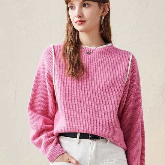 COMOBOCA Pink 100% Wool Women's Color Block Ribbed Knit Sweater