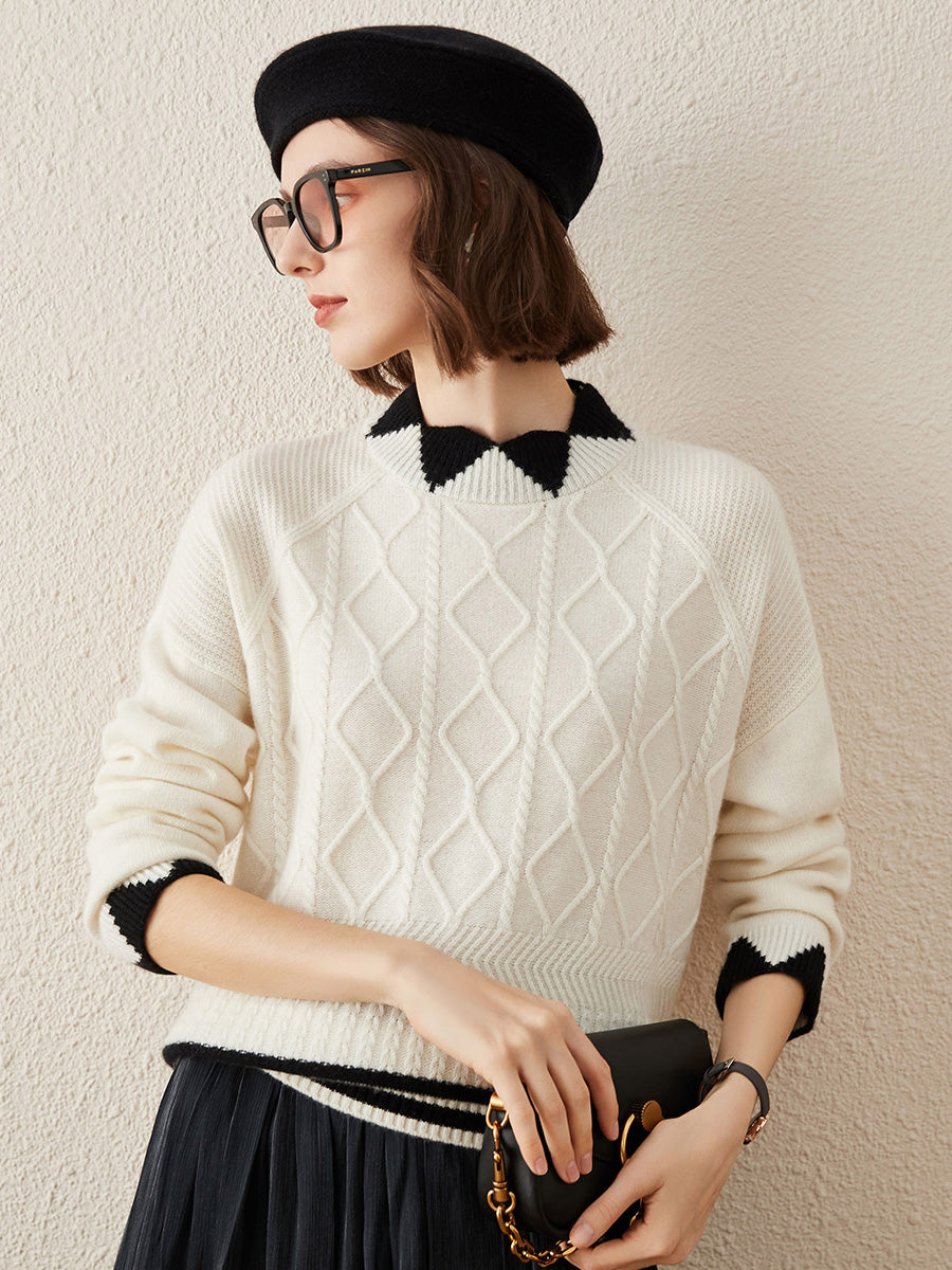 COMOBOCA 100% Cashmere Women's Contrast Jacquard Mock Neck Sweater