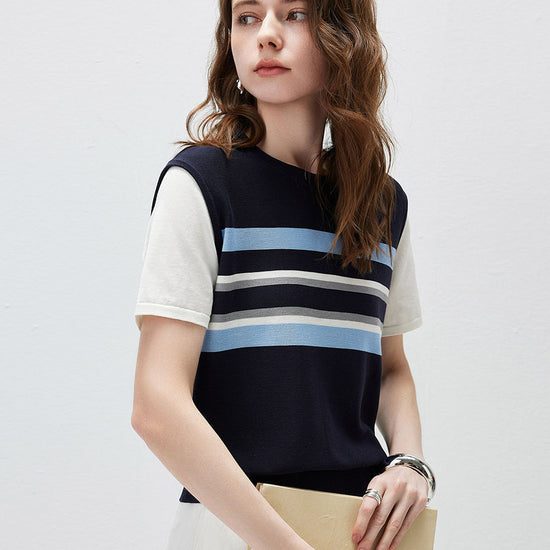 COMOBOCA Women's Striped Layered Knit T-Shirt