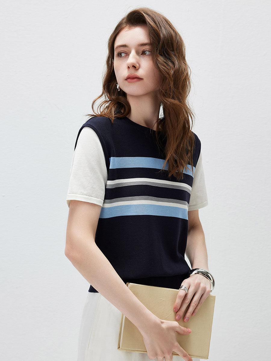 COMOBOCA Women's Striped Layered Knit T-Shirt