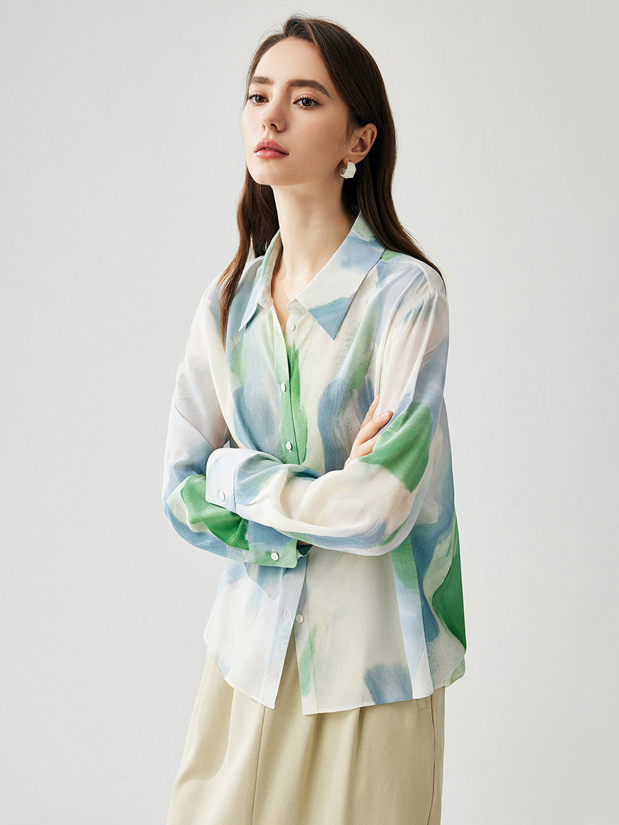 COMOBOCA 100% Mulberry Silk Women's Watercolor Print Shirt