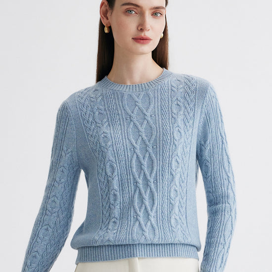 COMOBOCA Light Blue 100% Cashmere Women's Cable Round Neck Knit Sweater