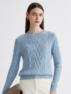 COMOBOCA Light Blue 100% Cashmere Women's Cable Round Neck Knit Sweater