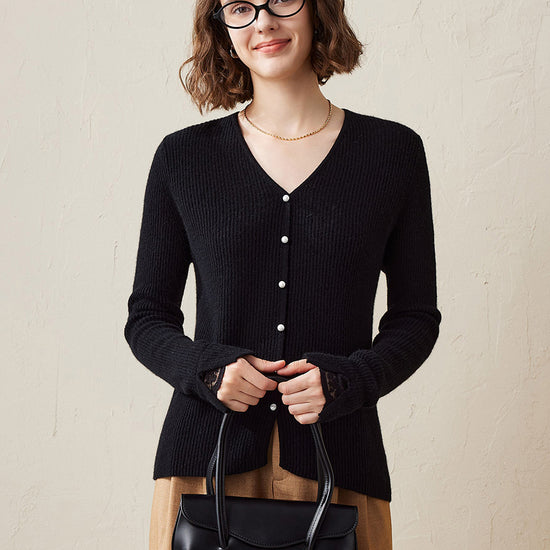 COMOBOCA Black 100% Cashmere Women's Faux Button Sweater with Lace Cuff