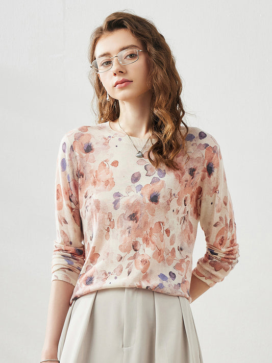 COMOBOCA Pink Women's Floral Round Neck Sweater