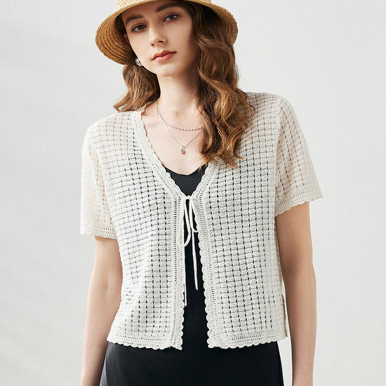 COMOBOCA Women's Linen Crochet Tie Short Sleeve Cardigan