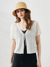 COMOBOCA Women's Linen Crochet Tie Short Sleeve Cardigan