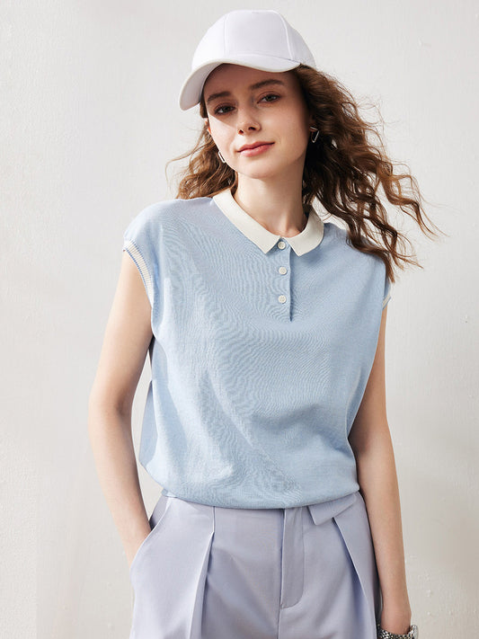 COMOBOCA Light Blue Women's Cotton Silk Ribbed Polo Neck Knit T-Shirt