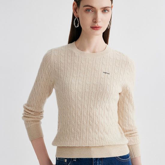 COMOBOCA 100% Cashmere Women's Cable Round Neck Knit Sweater