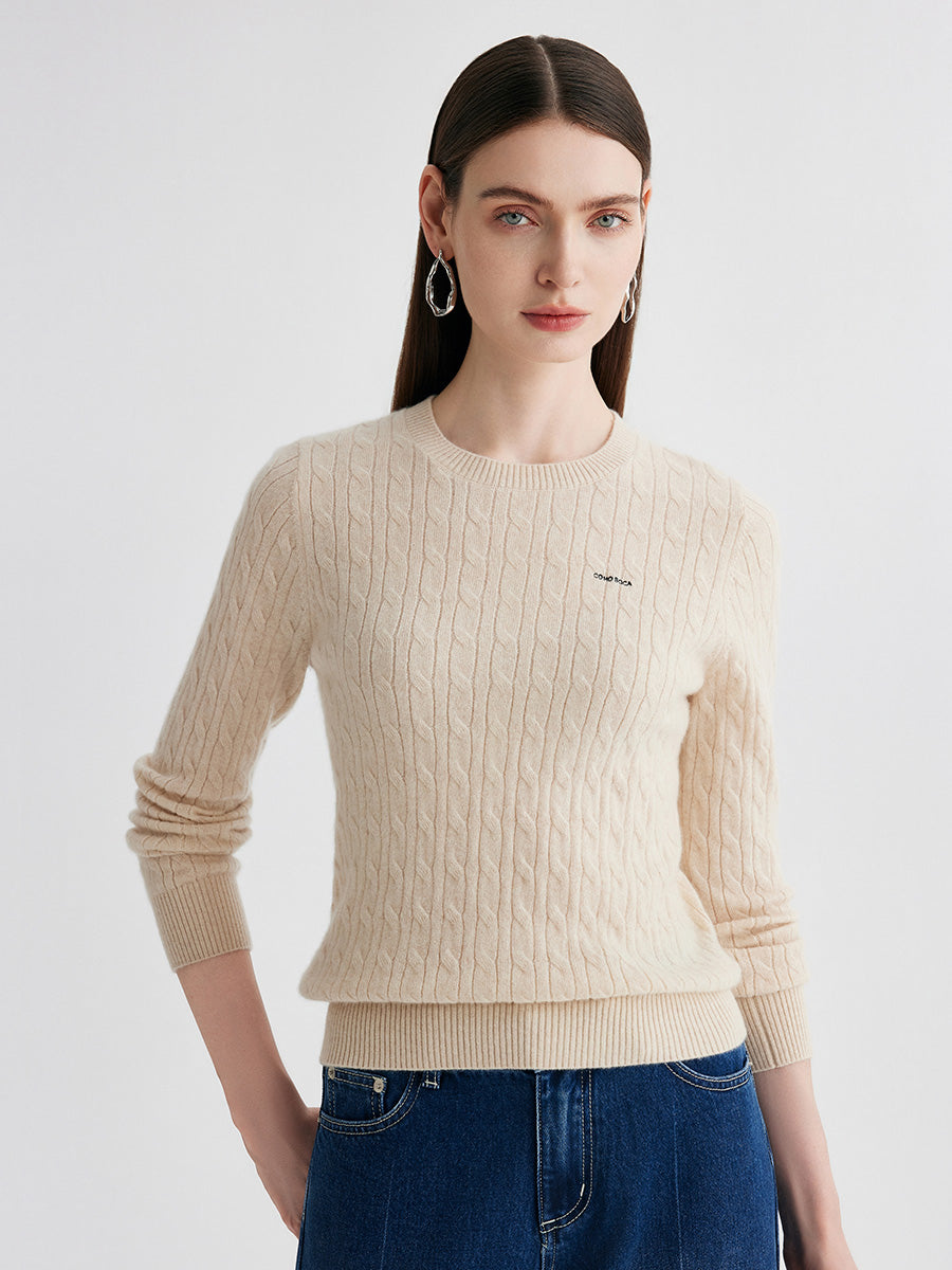 COMOBOCA 100% Cashmere Women's Cable Round Neck Knit Sweater