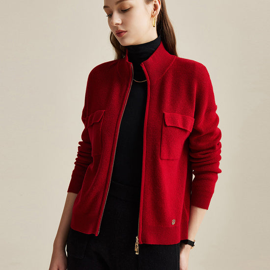 COMOBOCA 100% Wool Women's Dual Zip Cardigan with Pockets