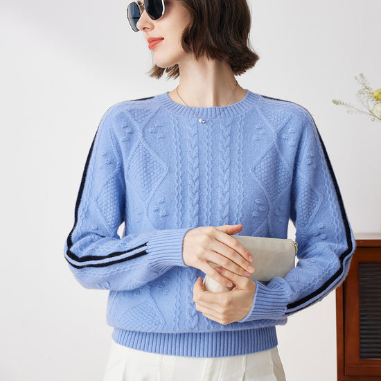 COMOBOCA 100% Cashmere Women's Crew Neck Intarsia Knit Sweater