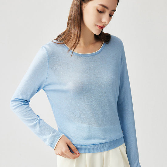COMOBOCA Light Blue Women's Rhinestone Detail Crewneck Knit Sweater