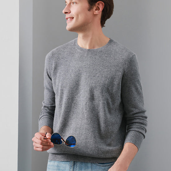 COMOBOCA 100% Cashmere Men's Ribbed Round Neck Knit Sweater