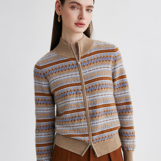 COMOBOCA 100% Cashmere Women's Fair Isle Double Zip Cardigan