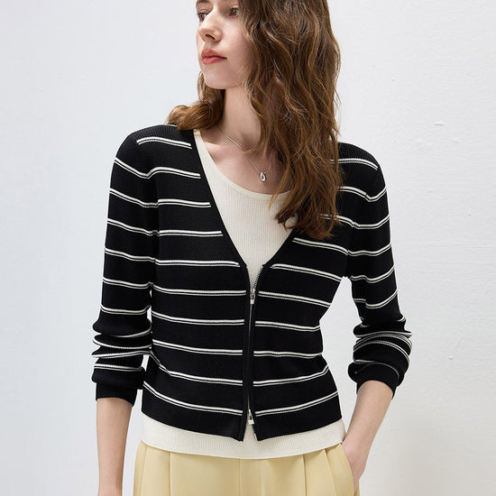 COMOBOCA Women's Striped Ribbed Knit Faux 2-in-1 Zip Cardigan