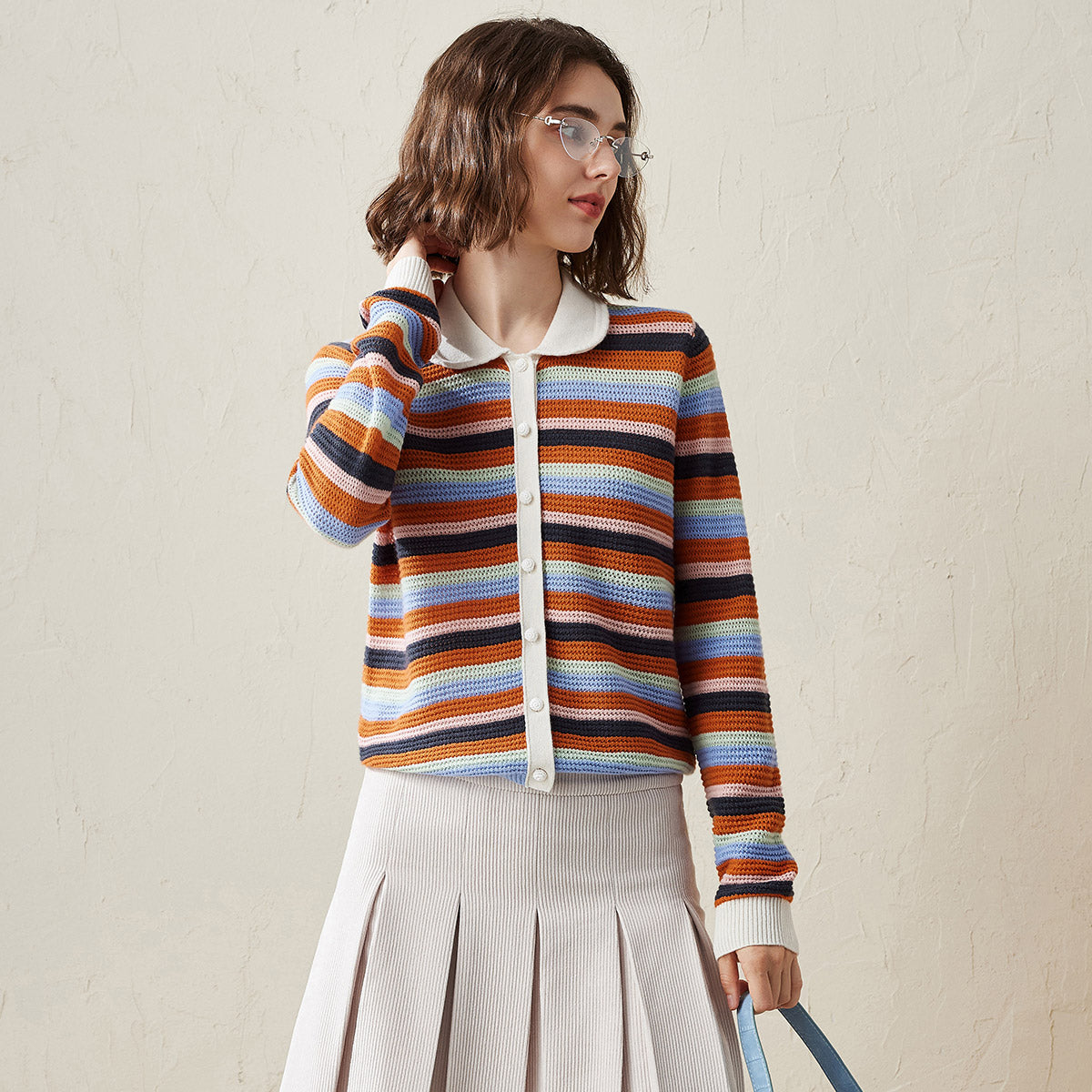 COMOBOCA 100% Cashmere Striped Knit Cardigan with Contrast Collar