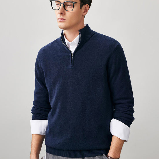 COMOBOCA 100% Cashmere Men's Half Zip Mock Neck Sweater