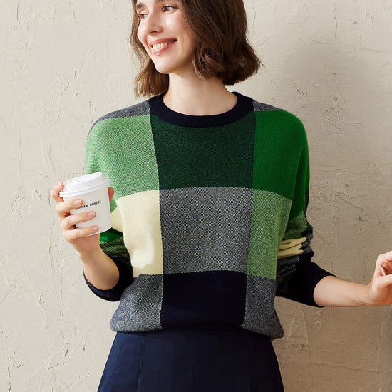 COMOBOCA Green 100% Cashmere Women's Color Block Plaid Sweater
