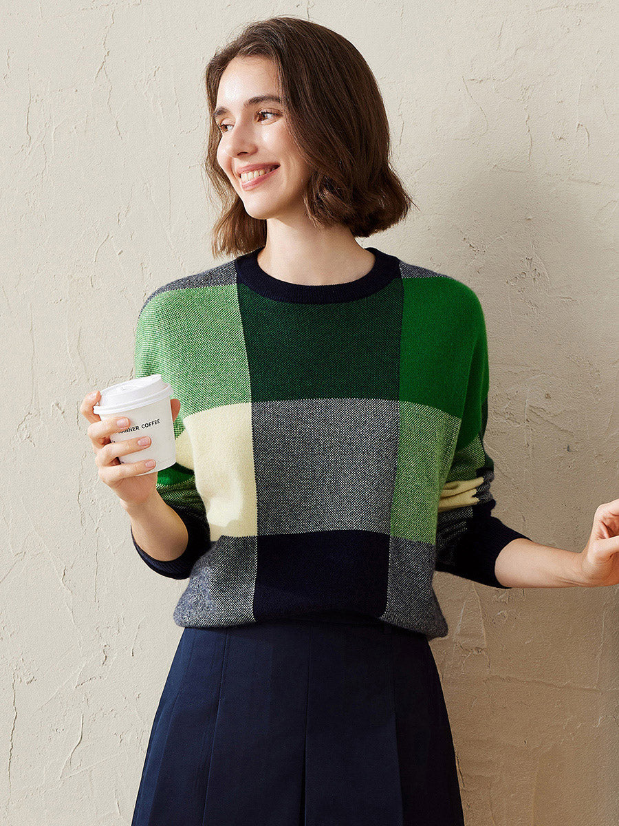 COMOBOCA Green 100% Cashmere Women's Color Block Plaid Sweater