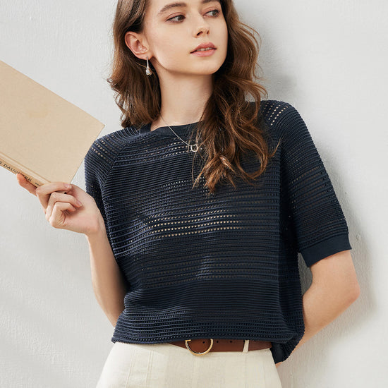 COMOBOCA Charcoal Women's Ribbed Perforated T-Shirt