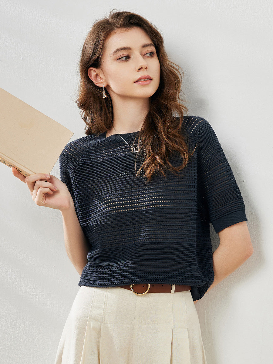 COMOBOCA Charcoal Women's Ribbed Perforated T-Shirt