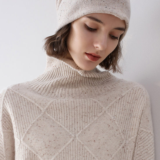 COMOBOCA 100% Cashmere Women's Diamond Knit Turtleneck Sweater