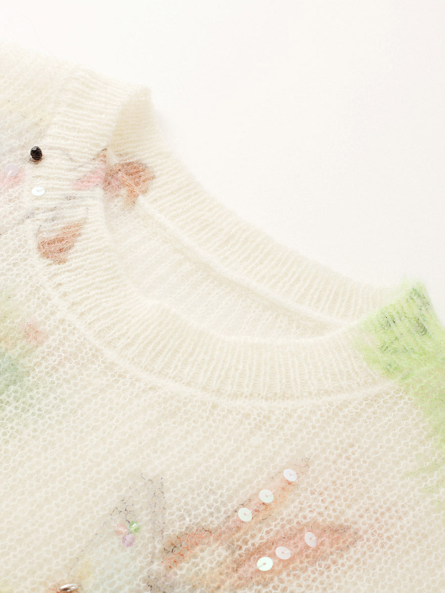 COMOBOCA Women's Bunny Printed Round Neck Sweater