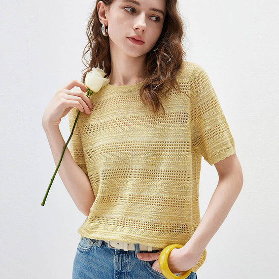 COMOBOCA Light Yellow Women's Openwork Mesh Knit T-Shirt