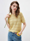 COMOBOCA Light Yellow Women's Openwork Mesh Knit T-Shirt