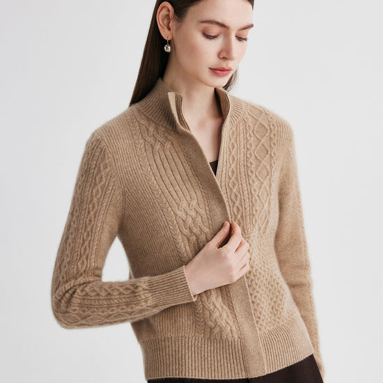 COMOBOCA 100% Cashmere Women's Cable Knit Mock Neck Zip Up Cardigan