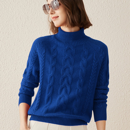 COMOBOCA Blue 100% Cashmere Women's Turtleneck Cable Knit Sweater
