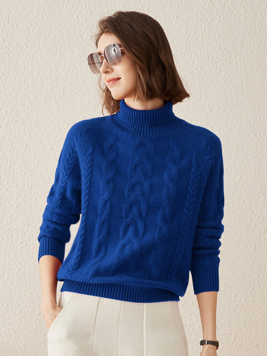 COMOBOCA Blue 100% Cashmere Women's Turtleneck Cable Knit Sweater