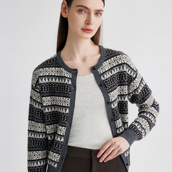 COMOBOCA Gray 100% Cashmere Women's Fair Isle Knit Cardigan
