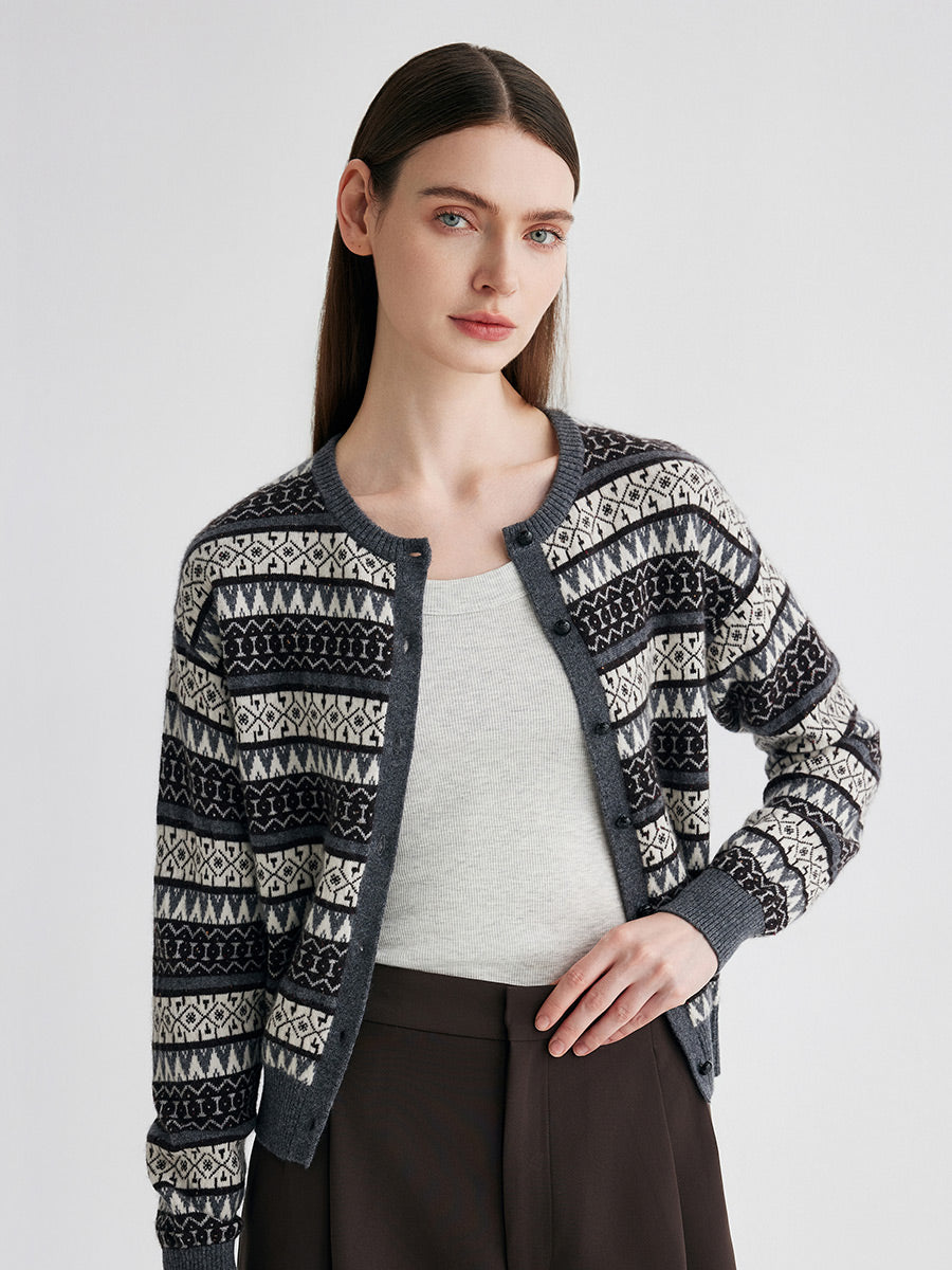 COMOBOCA Gray 100% Cashmere Women's Fair Isle Knit Cardigan