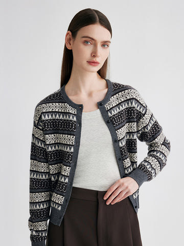 COMOBOCA Gray 100% Cashmere Women's Fair Isle Knit Cardigan