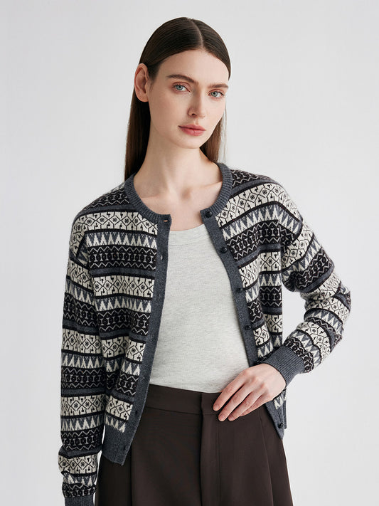 COMOBOCA Gray 100% Cashmere Women's Fair Isle Knit Cardigan