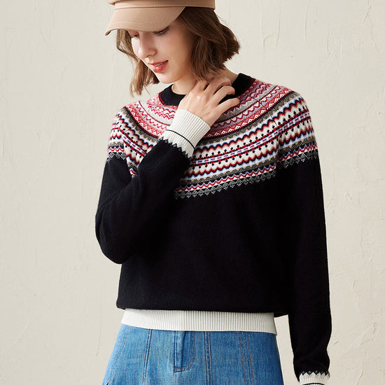 COMOBOCA Black 100% Cashmere Women's Fair Isle Knit Sweater