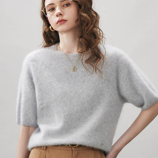 COMOBOCA Light Gray Women's Wool Seamless Brushed Half Sleeve Knit Sweater