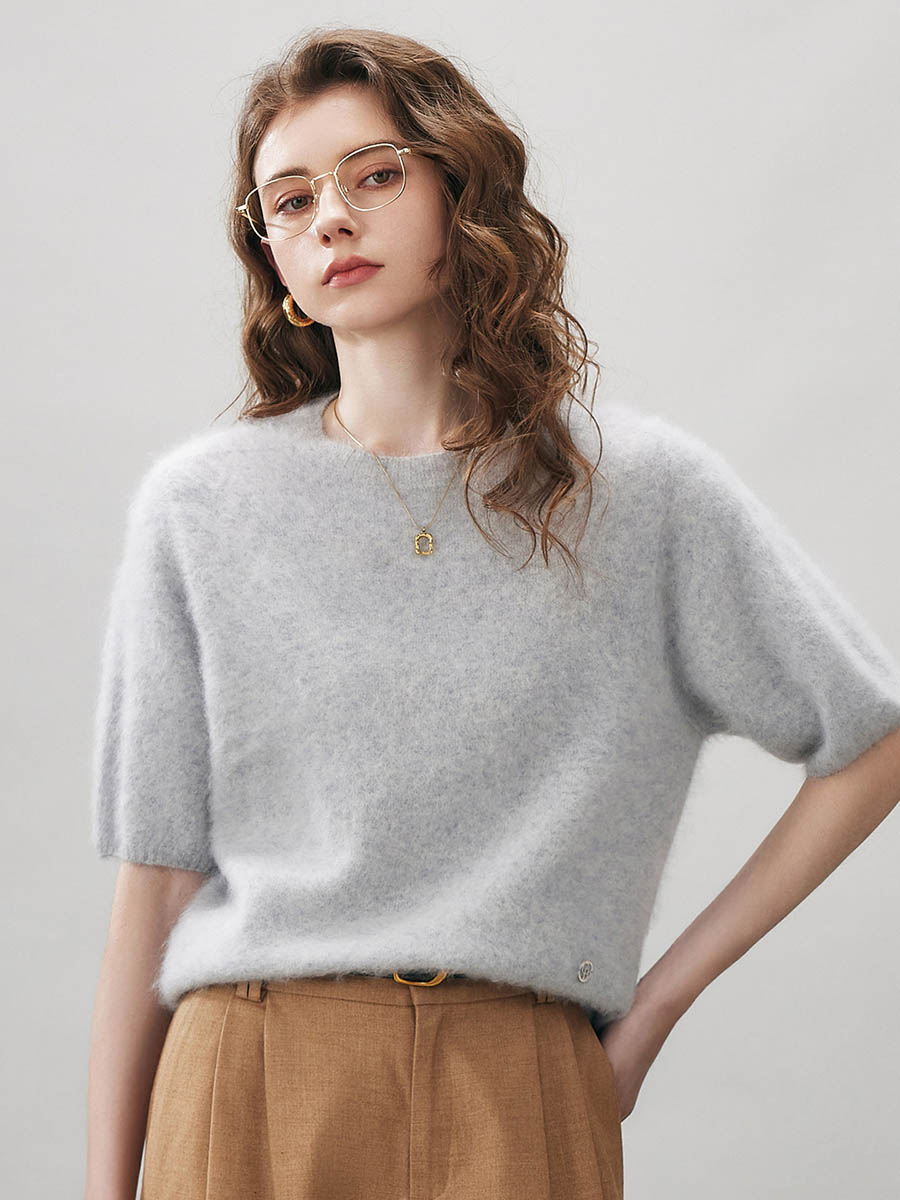 COMOBOCA Light Gray Women's Wool Seamless Brushed Half Sleeve Knit Sweater